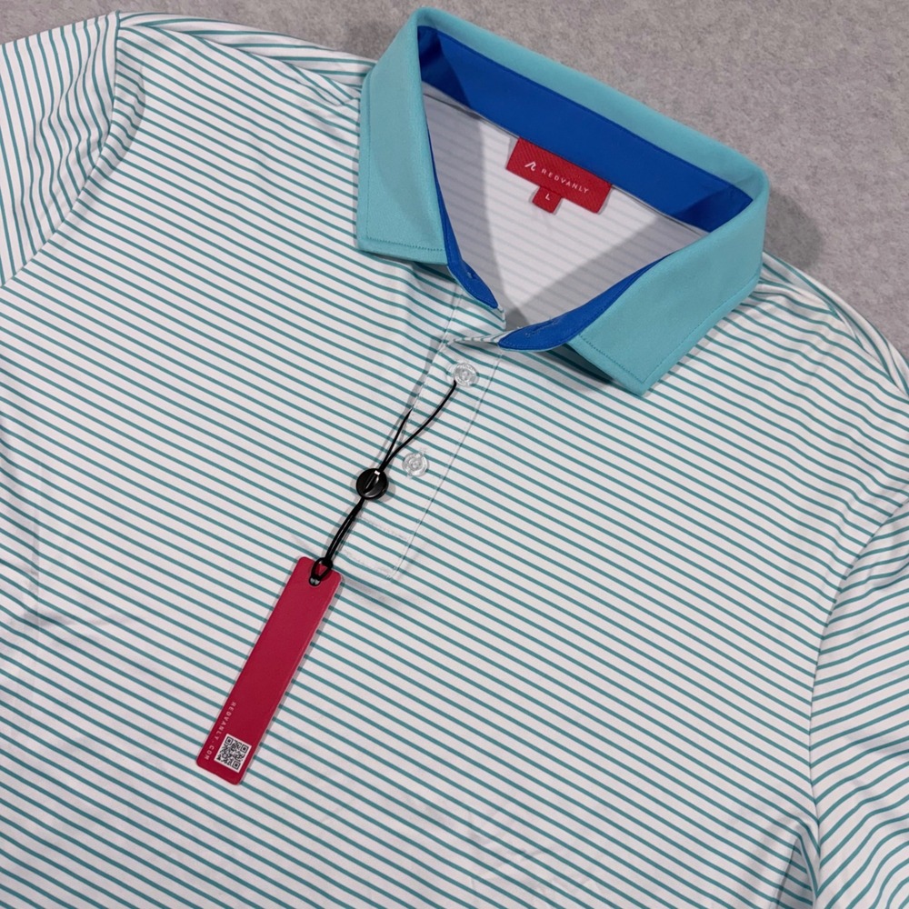 REDVANLY Polo Shirt Mens Large Teal White New Striped Performance Golf Top